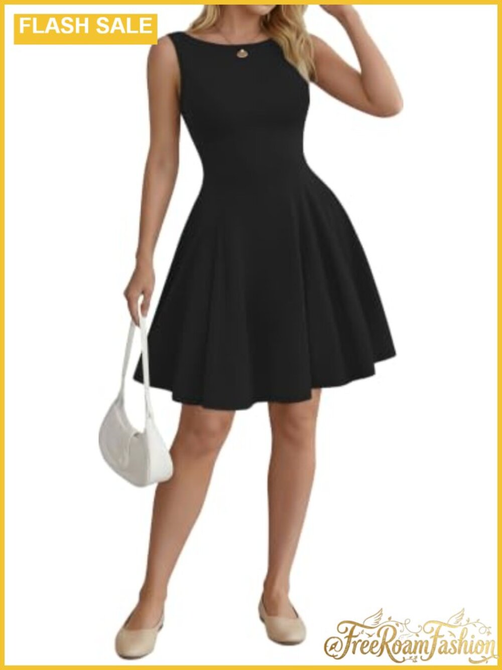 Cotton Blend Boat Neck Sleeveless A-Line Mini Dress Summer Party